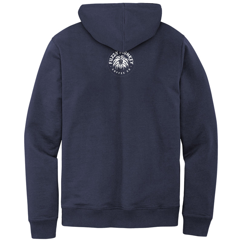 District Mens Re Fleece Hoodie Small Badge Logo on Back Fuzzy Monkey Coffee Co